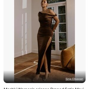 Meshki Brown Satin Draped One-Shoulder Maxi Dress